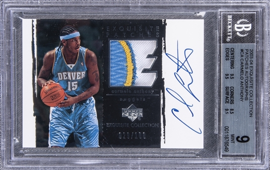 2003-04 UD "Exquisite Collection" Patches Autographs #CA Carmelo Anthony Signed Game Used Patch Rookie Card (#029/100) – BGS MINT 9/BGS 10